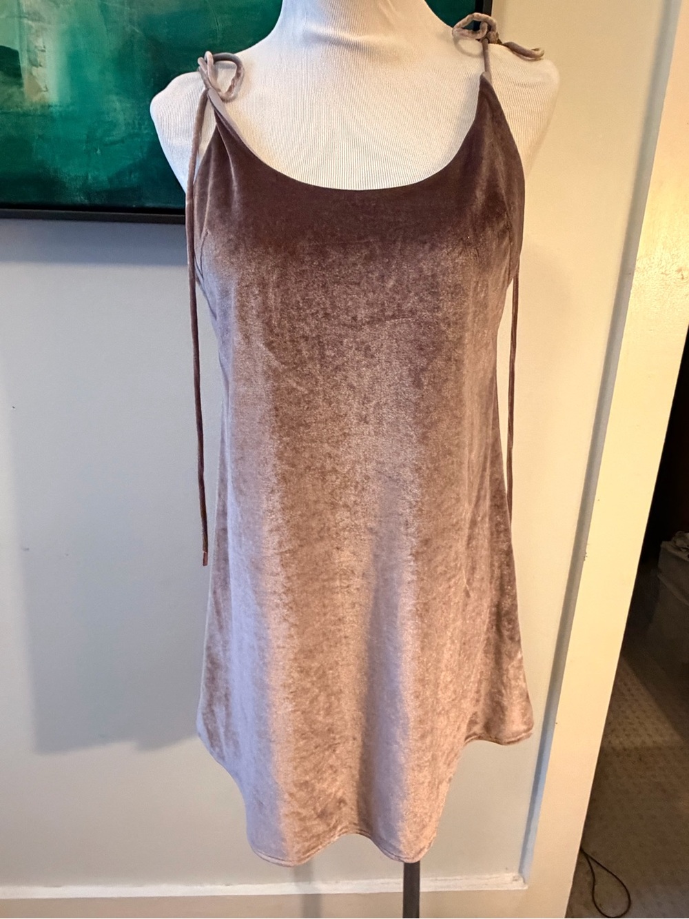 Velvet Tie-Shoulder Mini Dress in Taupe